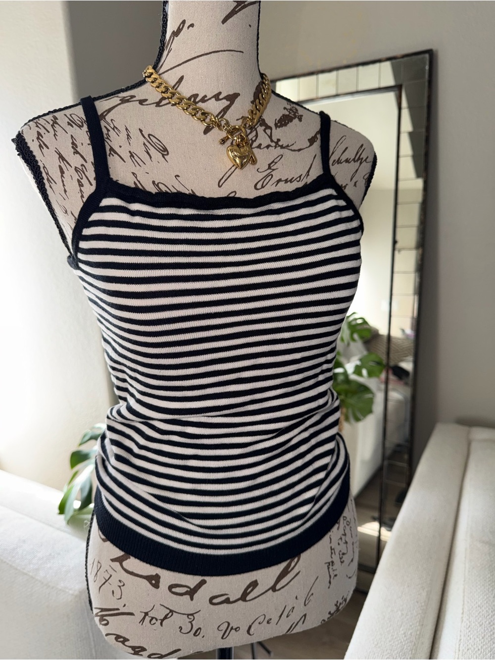 Striped Black & White Knit Cami Tank Top 100% Silk